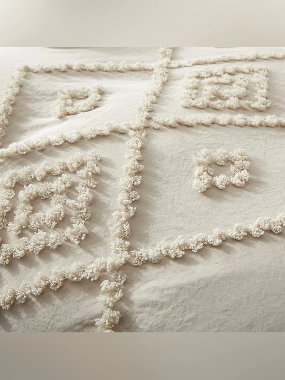 NEW Anthro Beige Cream Boho Queen / King Size Tufted Fringe Bedding Duvet & Sham